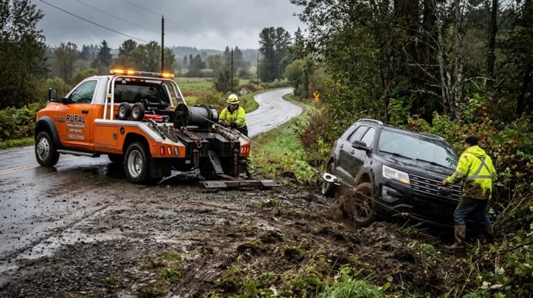 A Rural towing truck uses a winch to pull a black SUV stuck in a muddy roadside ditch.