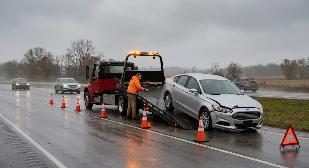 Tow truck loading a damaged vehicle during a roadside recovery in Portage, Michigan