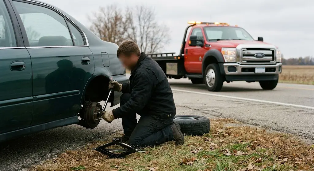 Towing & Roadside FAQ — Portage, MI 1 Technician using a torque wrench to fit a spare wheel on a car at the roadside in Portage, Michigan