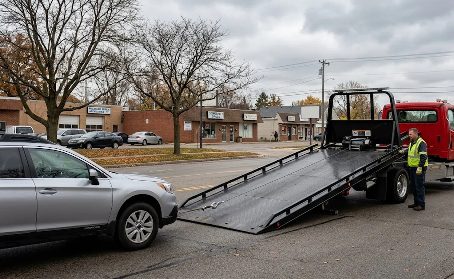Home 3 Red flatbed tow truck loading a vehicle on a Portage, MI street