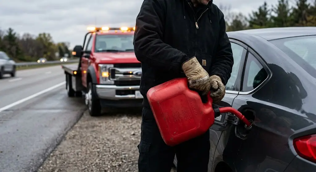 Home 10 Technician delivering fuel to a stranded car on a Portage, MI highway shoulder