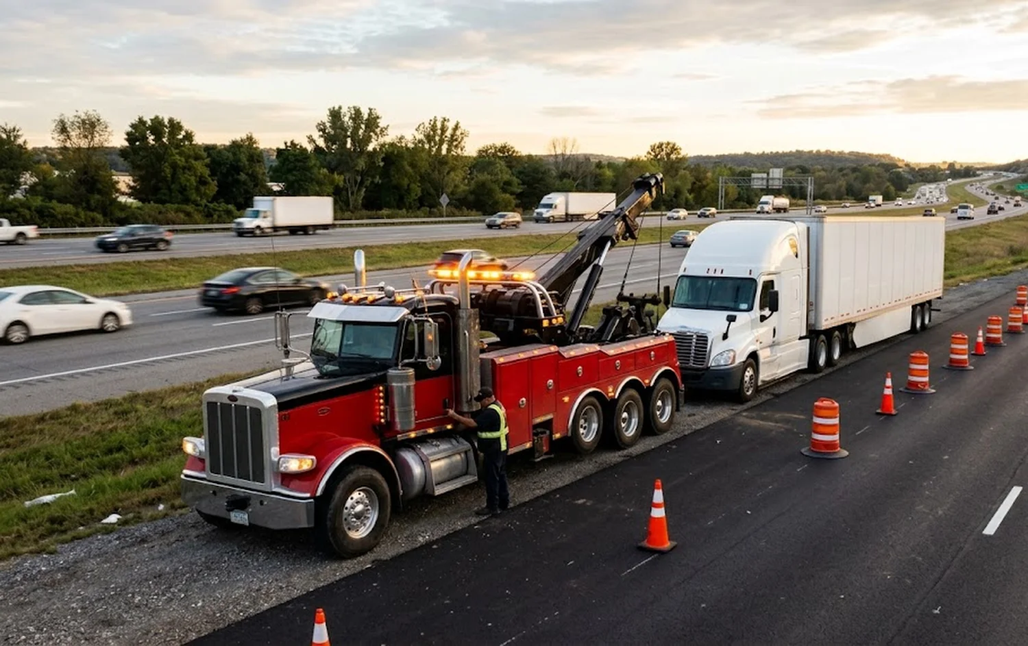 Home 5 Heavy-duty wrecker beside a disabled semi-truck on I-94 near Portage