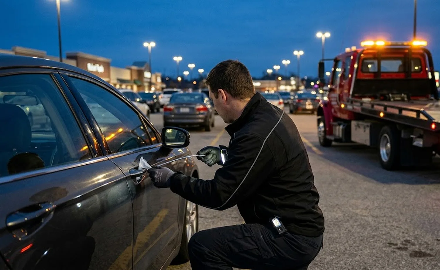 Home 8 Technician performing a damage-free vehicle lockout in a Portage, MI parking lot
