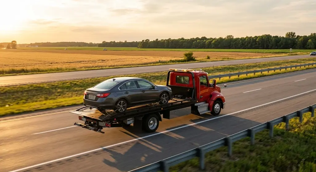 Home 7 Flatbed tow truck carrying a car on a Michigan interstate at golden hour