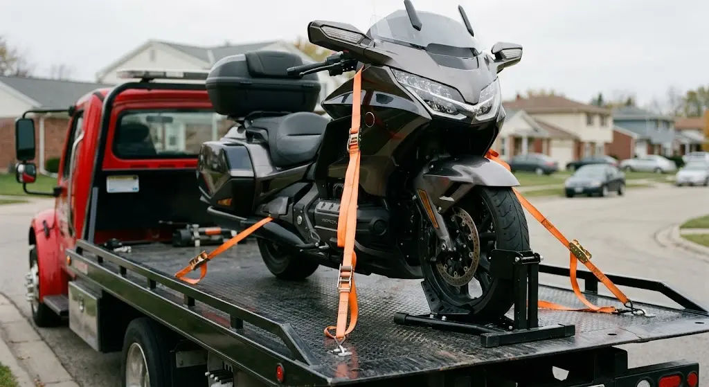 Home 6 Motorcycle secured with soft straps on a flatbed tow truck in Portage, MI