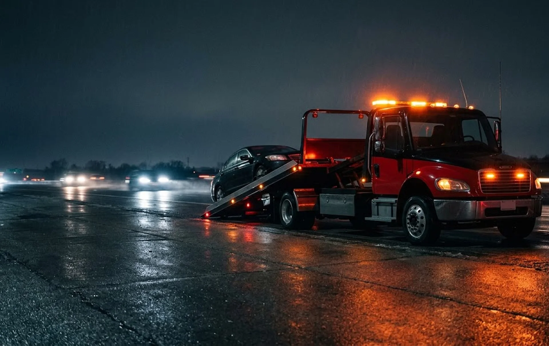 Home 1 Tow truck responding to a nighttime breakdown on I-94 near Portage, Michigan