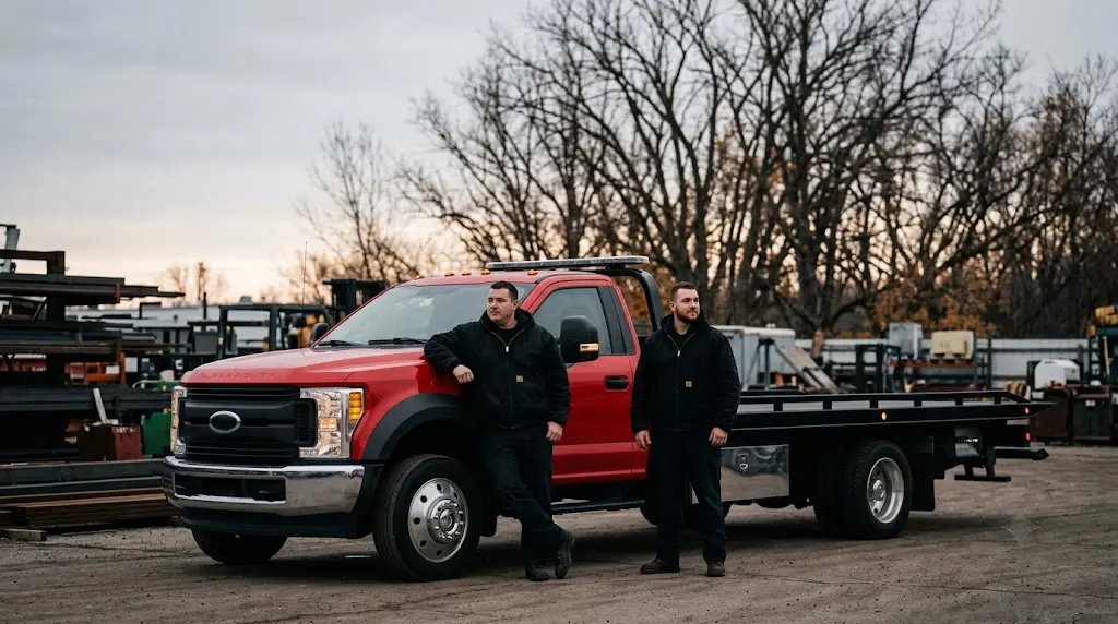About Portage Tow Truck 1 Portage Tow Truck operators standing beside a flatbed tow truck in Portage, Michigan