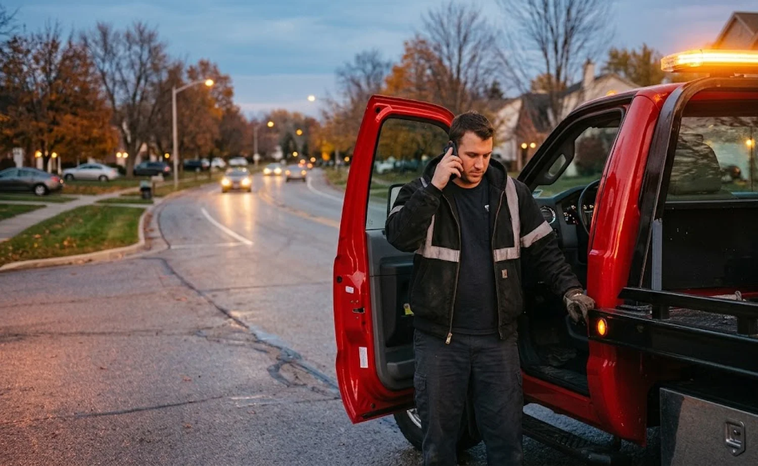 Home 2 Portage Tow Truck operator taking a dispatch call beside a red tow truck