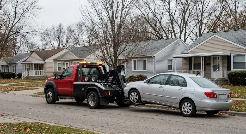 Home 4 Wheel-lift tow truck lifting a sedan on a Portage, MI residential street