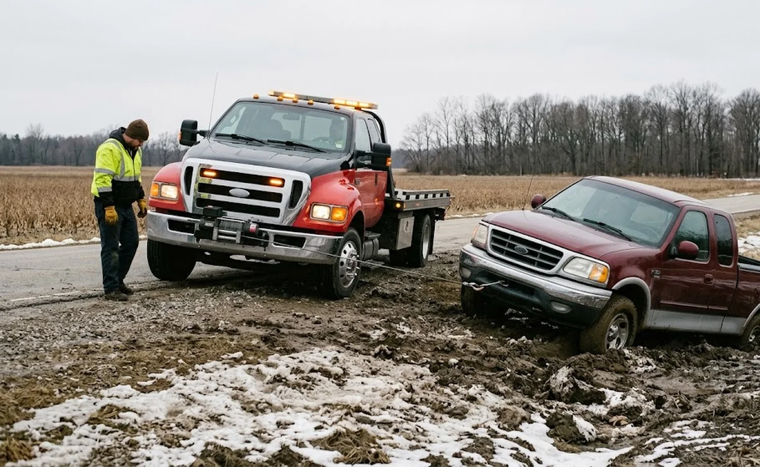 Home 11 Tow truck winching a pickup out of a muddy ditch in Kalamazoo County