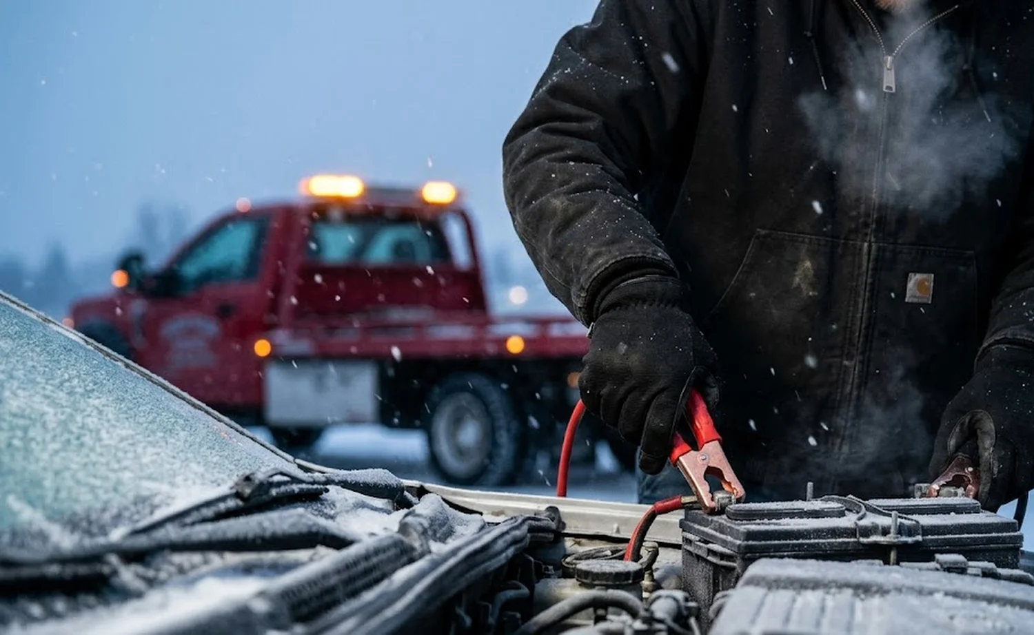 Home 9 Technician connecting jumper cables during a Michigan winter jump start